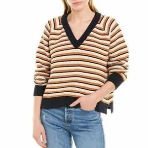 Madewell Arden V-Neck Crop Pullover Cotton Sweater Stripe Yellow